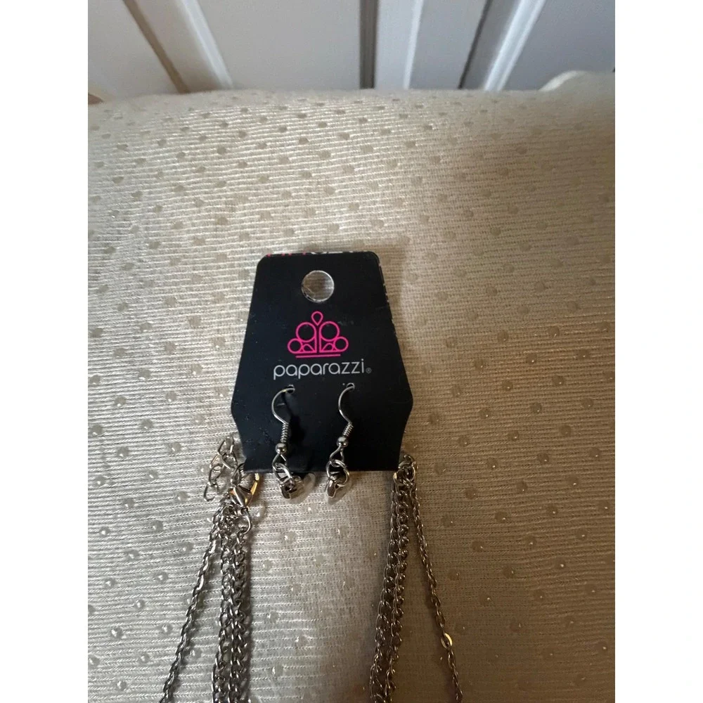 Paparazzi Layered‎ Necklace Set Womens OS Silver New Multi Strand Spike Charm
